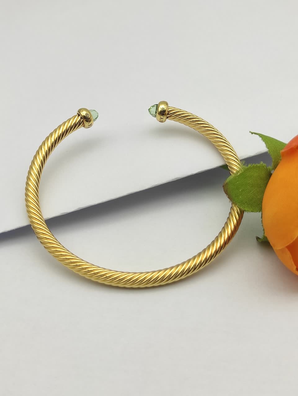David Yurman Gold Tone Wire Bangle Bracelet with Green Stones